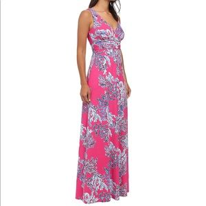 Lilly Pulitzer Sloane Capri Pink Blue Samba Print Maxi V-neck Stretch Dress S